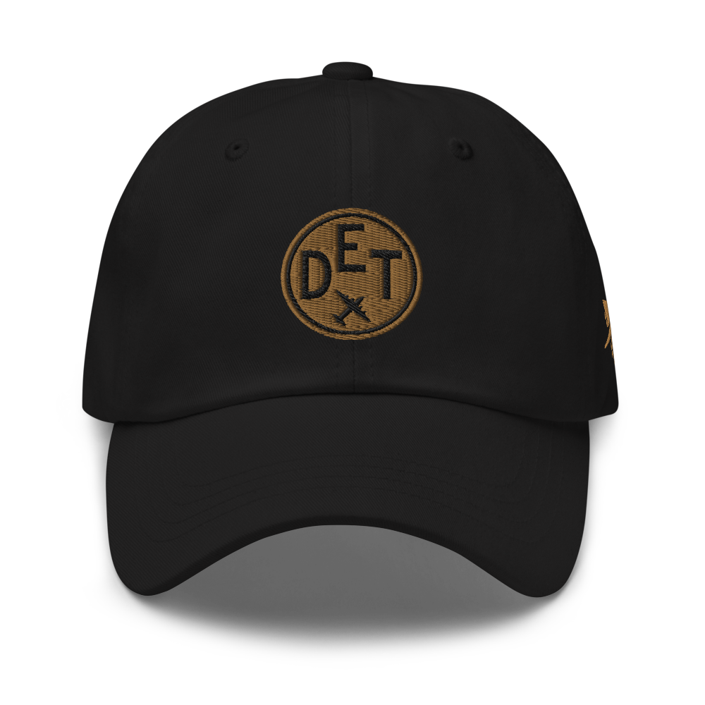 YHM Designs - DET Detroit Airport Code Baseball Cap/Dad Hat - Roundel Design with Vintage Airplane - Black 01