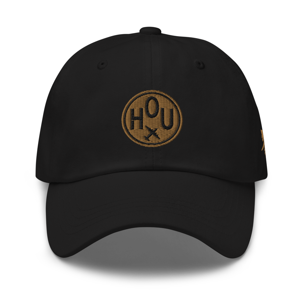 YHM Designs - HOU Houston Airport Code Baseball Cap/Dad Hat - Roundel Design with Vintage Airplane - Black 01