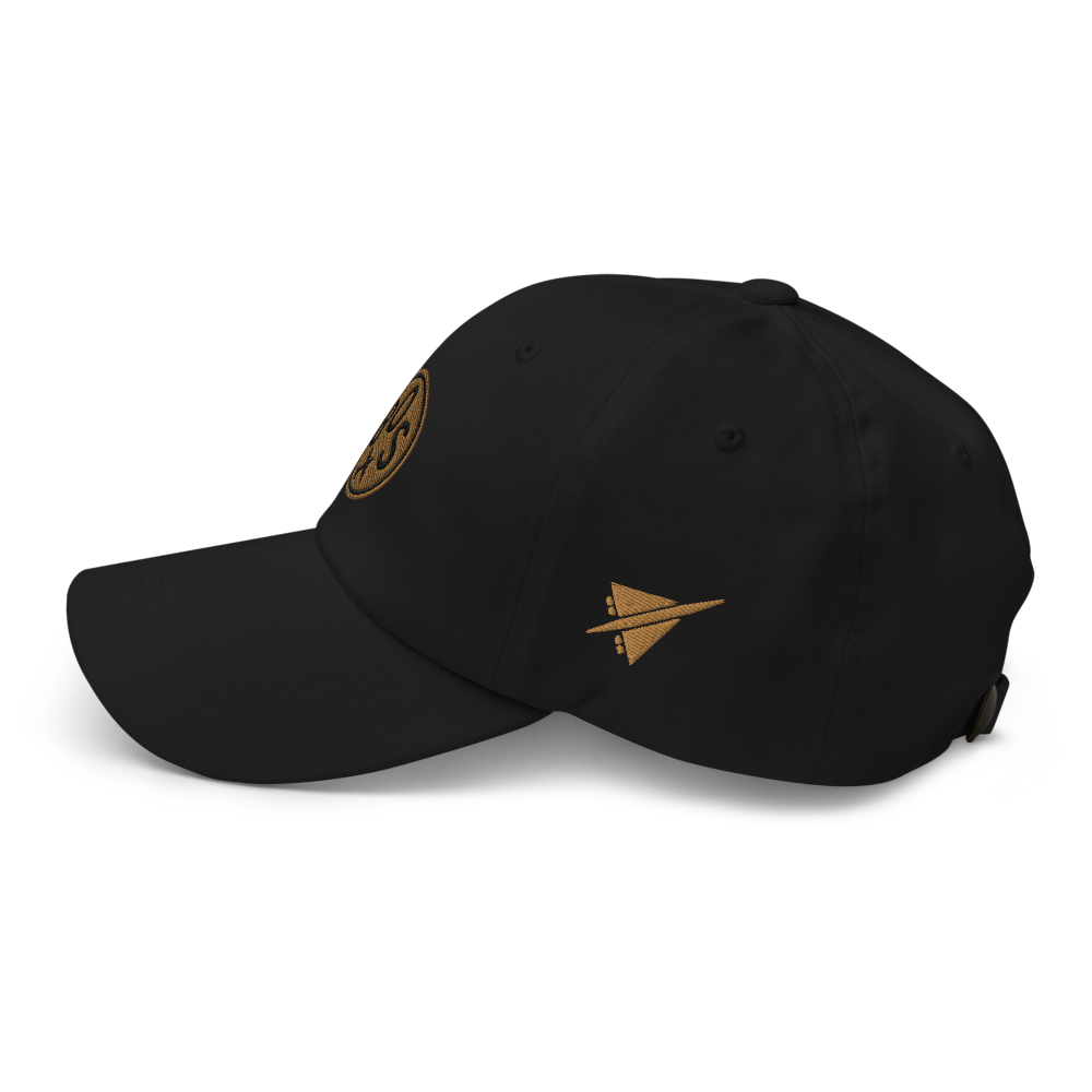 YHM Designs - BOS Boston Airport Code Baseball Cap/Dad Hat - Roundel Design with Vintage Airplane - Black 03