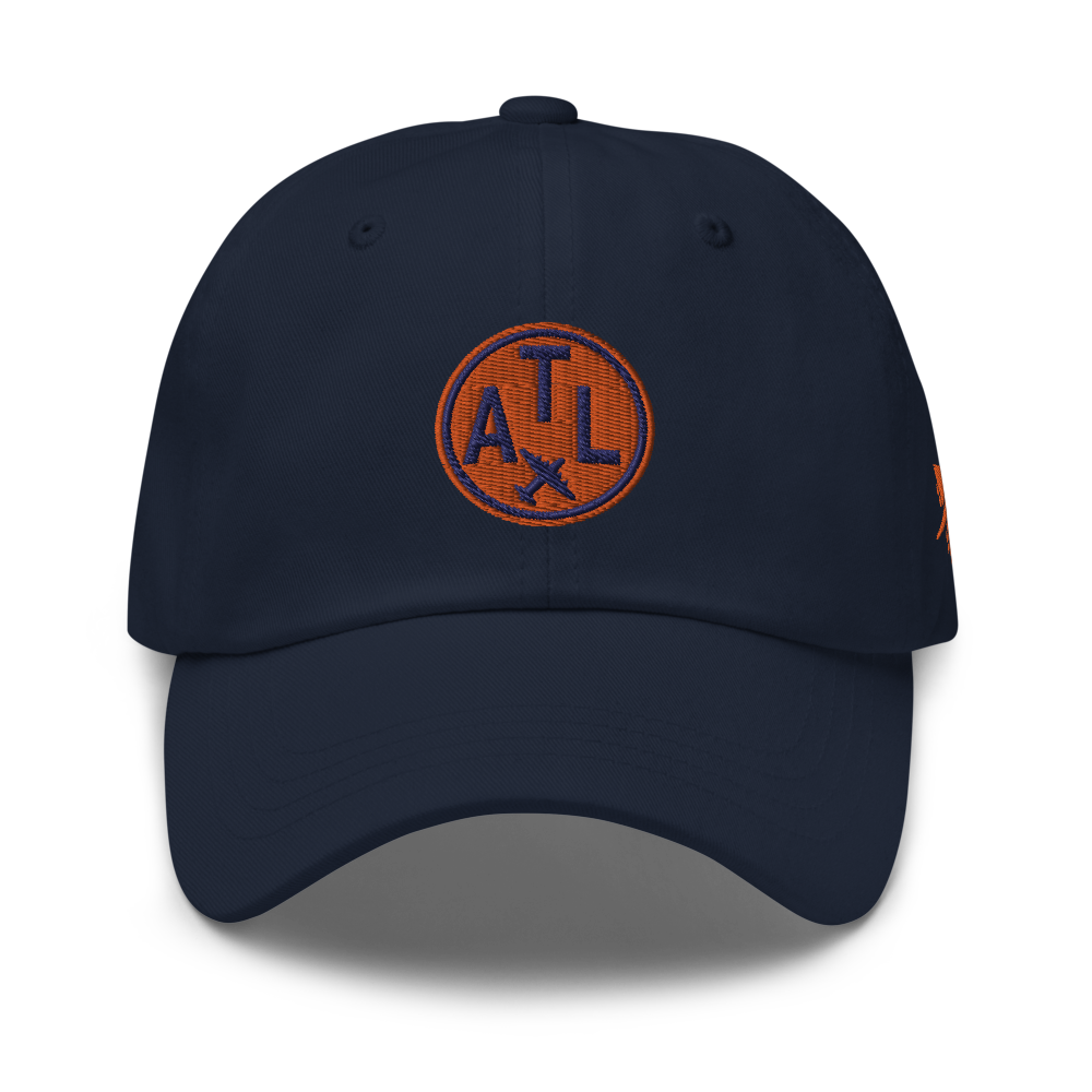 YHM Designs - ATL Atlanta Airport Code Baseball Cap/Dad Hat - Roundel Design with Vintage Airplane - Navy Blue 02