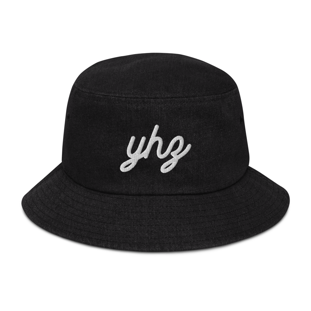 YHZ Halifax Denim Bucket Hat • Vintage Script Lettering - White • YHM Designs - Image 05