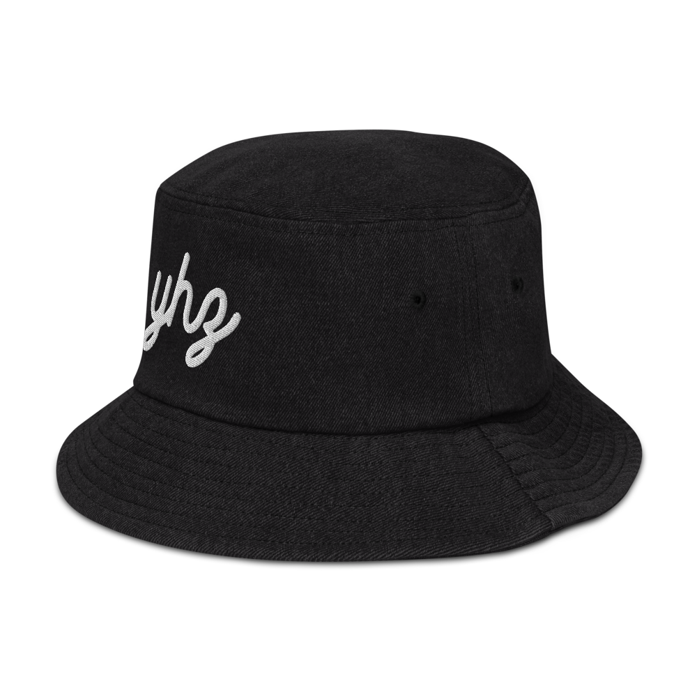 YHZ Halifax Denim Bucket Hat • Vintage Script Lettering - White • YHM Designs - Image 08