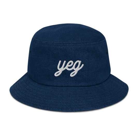 YEG Edmonton Denim Bucket Hat • Vintage Script Lettering - White • YHM Designs - Image 01