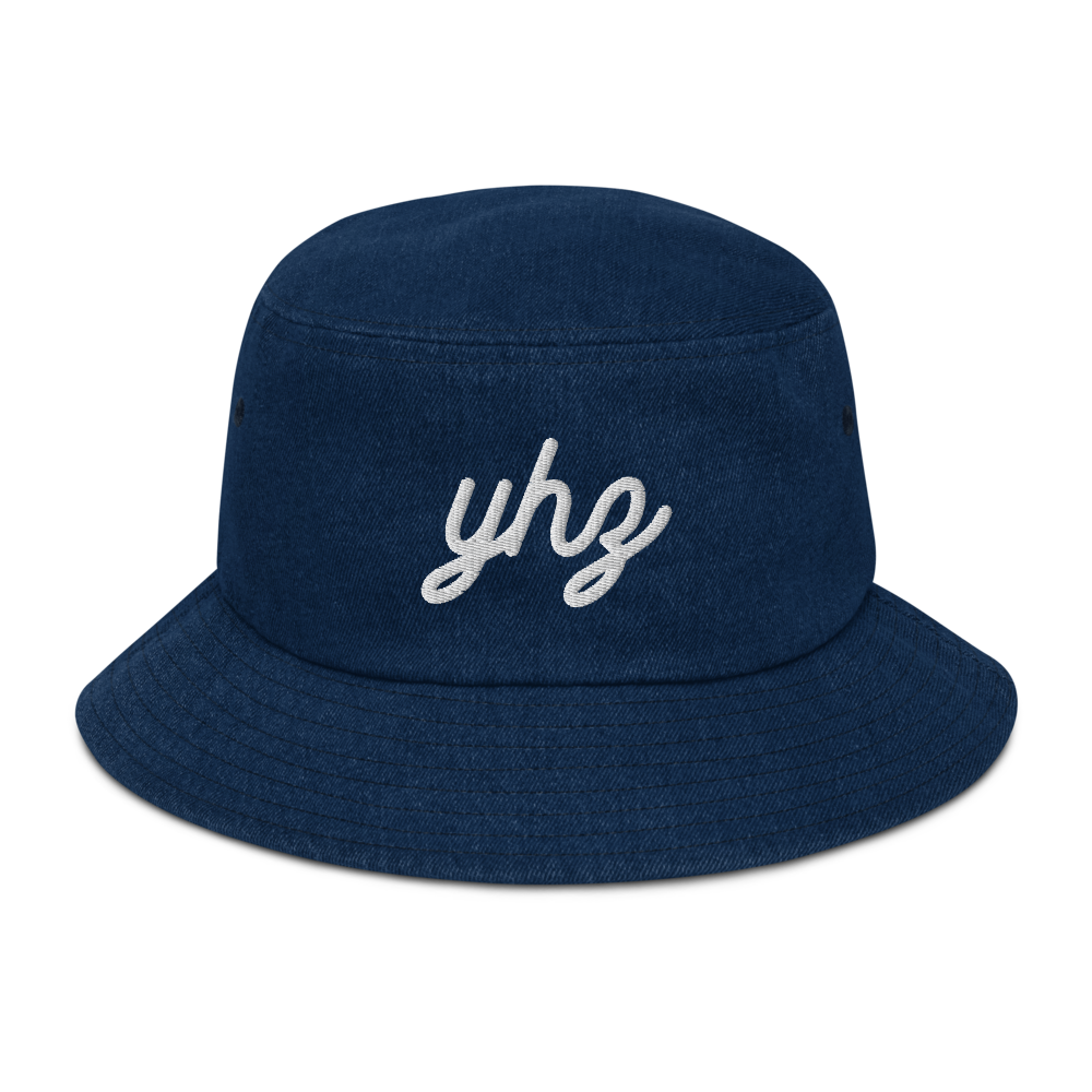 YHZ Halifax Denim Bucket Hat • Vintage Script Lettering - White • YHM Designs - Image 01