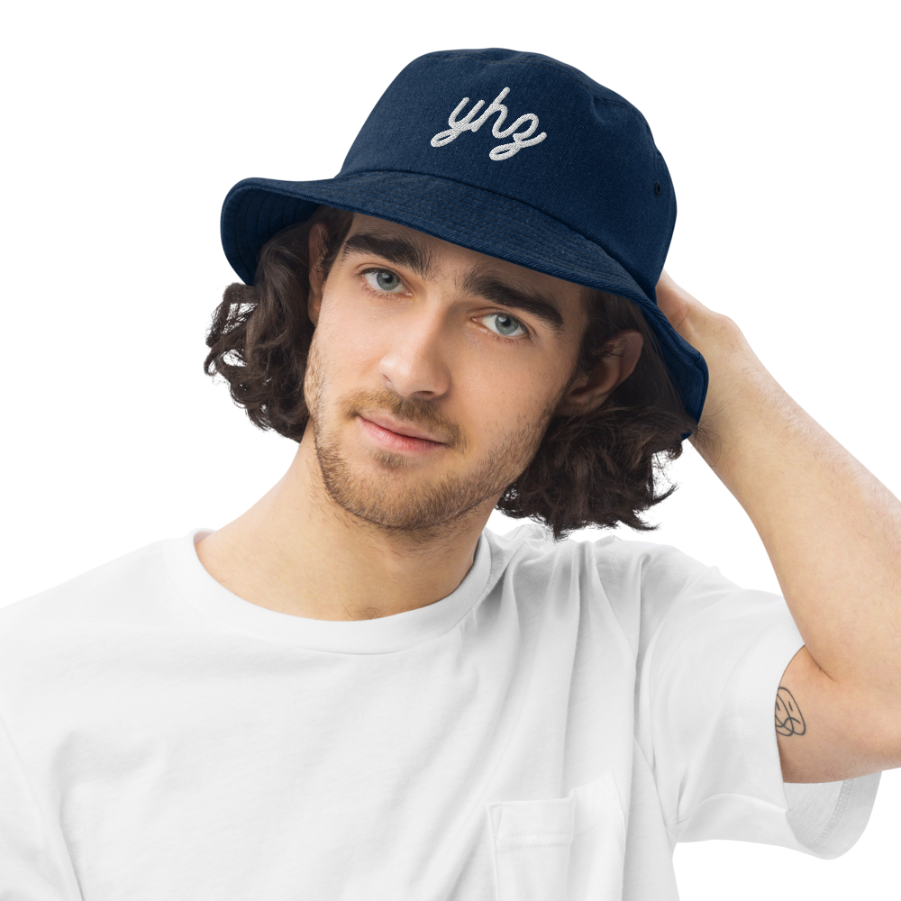 YHZ Halifax Denim Bucket Hat • Vintage Script Lettering - White • YHM Designs - Image 03