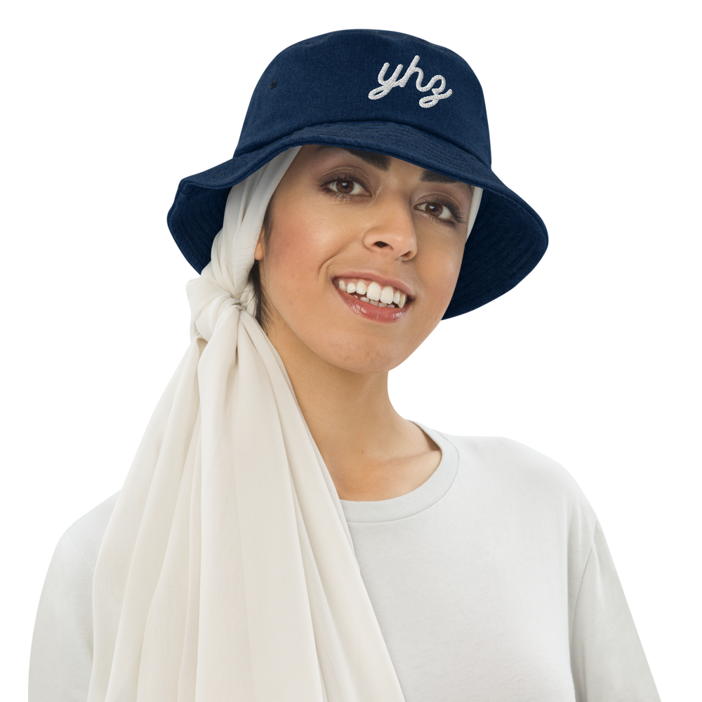 YHZ Halifax Denim Bucket Hat • Vintage Script Lettering - White • YHM Designs - Image 04