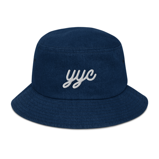 YYC Calgary Denim Bucket Hat • Vintage Script Lettering - White • YHM Designs - Image 01