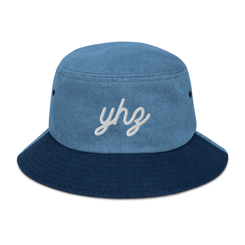 YHZ Halifax Denim Bucket Hat • Vintage Script Lettering - White • YHM Designs - Image 12