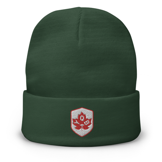 YQB Quebec City Cuffed Beanie • Maple Leaf Shield Design - Red & White • YHM Designs - Image 01