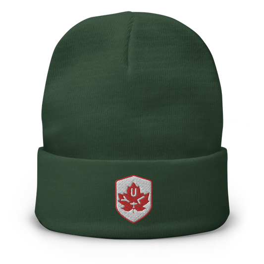 YUL Montreal Cuffed Beanie • Maple Leaf Shield Design - Red & White • YHM Designs - Image 01