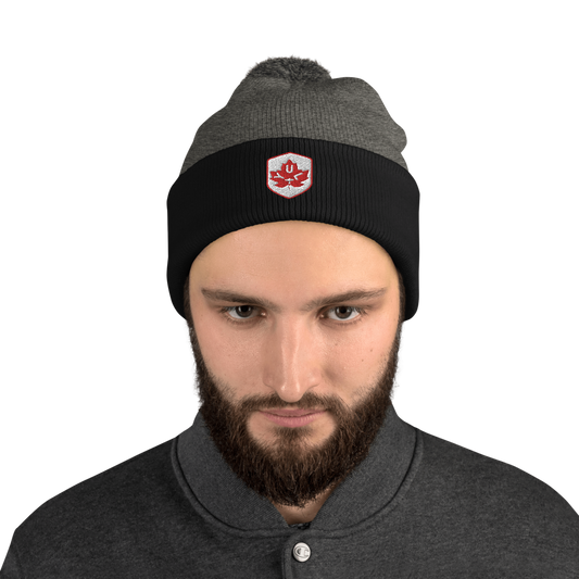 YUL Montreal Pom-Pom Beanie • Maple Leaf Shield Design - Red & White • YHM Designs - Image 02