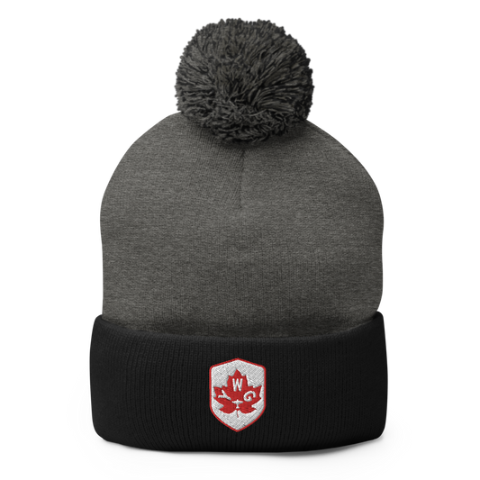 YWG Winnipeg Pom-Pom Beanie • Maple Leaf Shield Design - Red & White • YHM Designs - Image 01