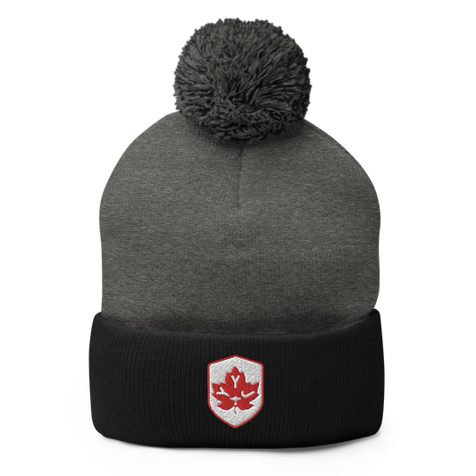 YYJ Victoria Pom-Pom Beanie • Maple Leaf Shield Design - Red & White • YHM Designs - Image 01