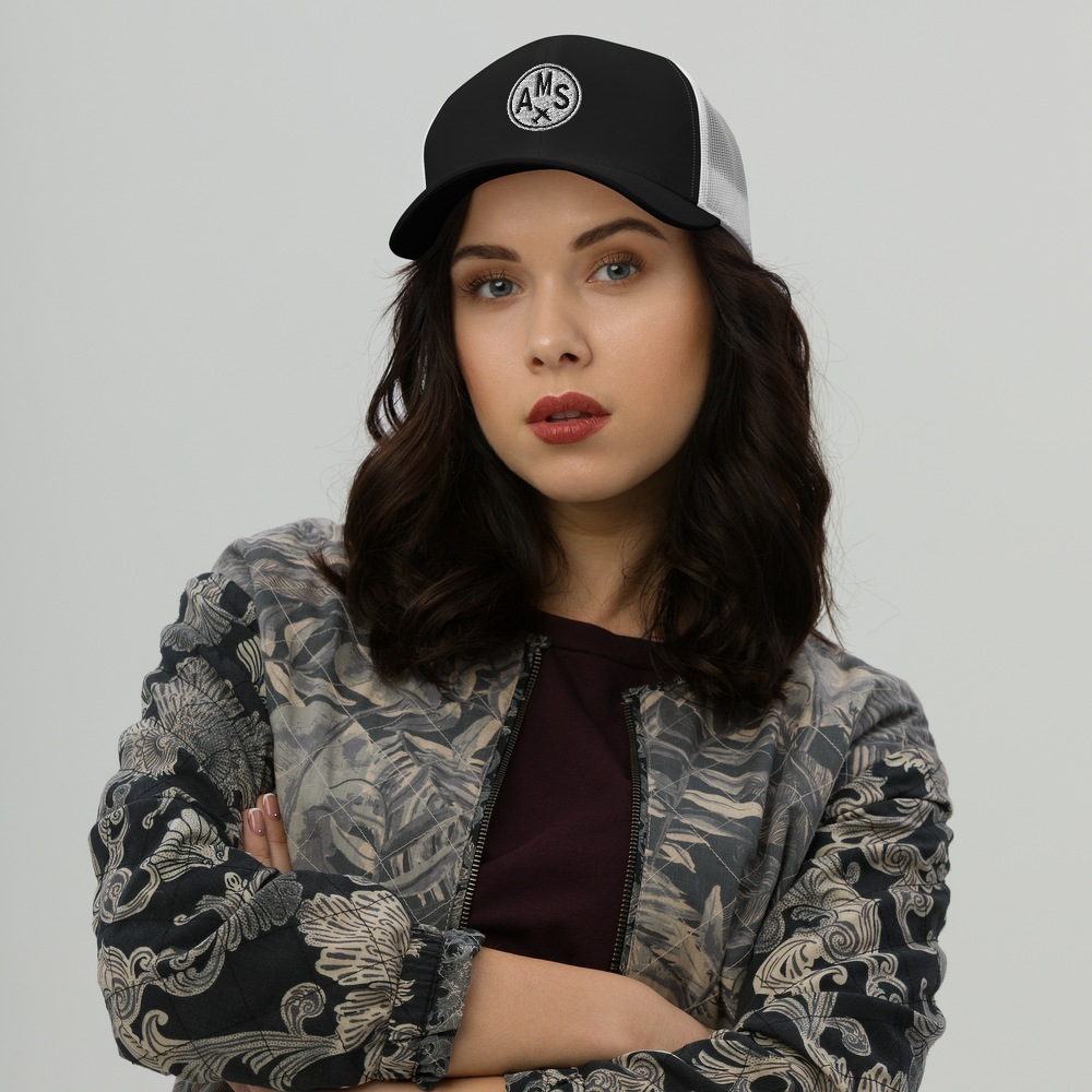 Roundel Trucker Hat - Black & White • AMS Amsterdam • YHM Designs - Image 02