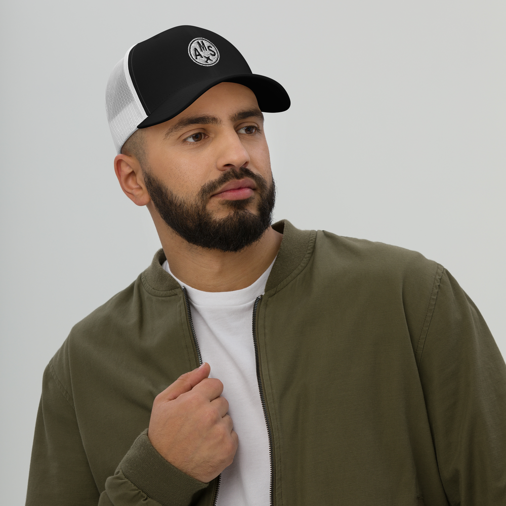 Roundel Trucker Hat - Black & White • AMS Amsterdam • YHM Designs - Image 03