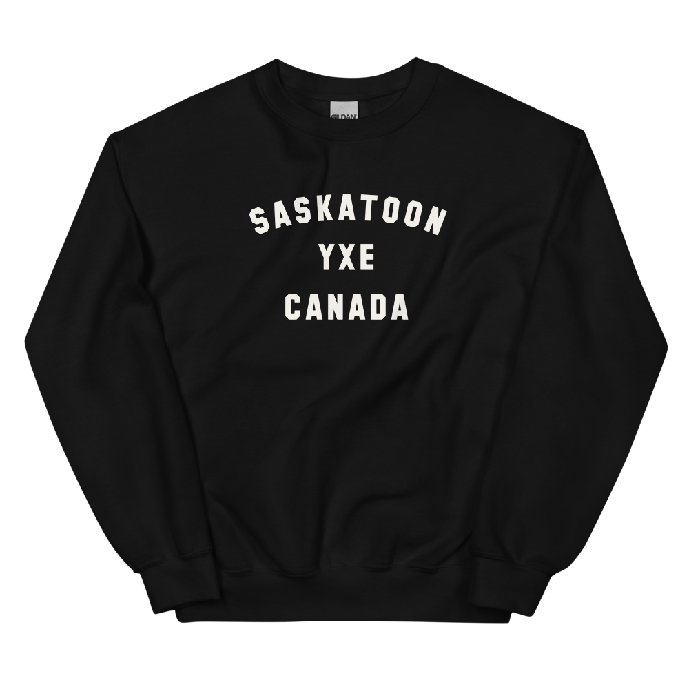 YHM Designs - YXE Saskatoon Airport Code Unisex Sweatshirt - Minimalist Varsity Design - White Graphic - Image 02