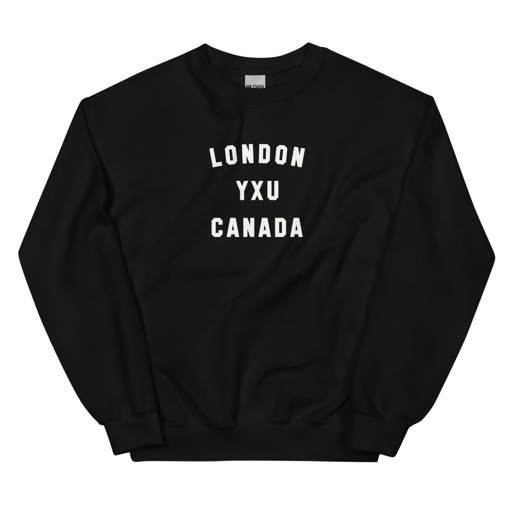 YHM Designs - YXU London Airport Code Unisex Sweatshirt - Minimalist Varsity Design - White Graphic - Image 02