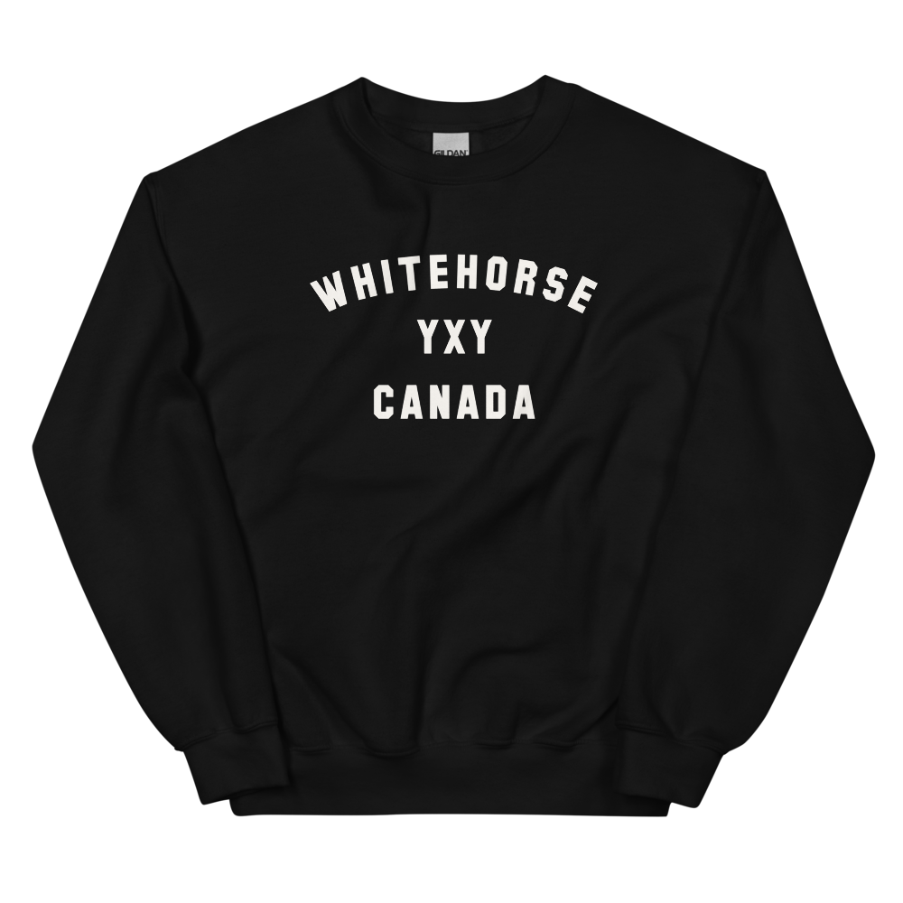 YHM Designs - YXY Whitehorse Airport Code Unisex Sweatshirt - Minimalist Varsity Design - White Graphic - Image 02