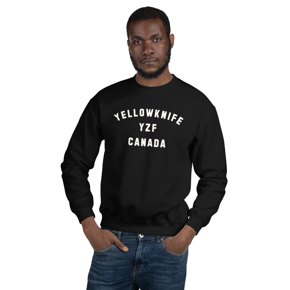 YHM Designs - YZF Yellowknife Airport Code Unisex Sweatshirt - Minimalist Varsity Design - White Graphic - Image 03
