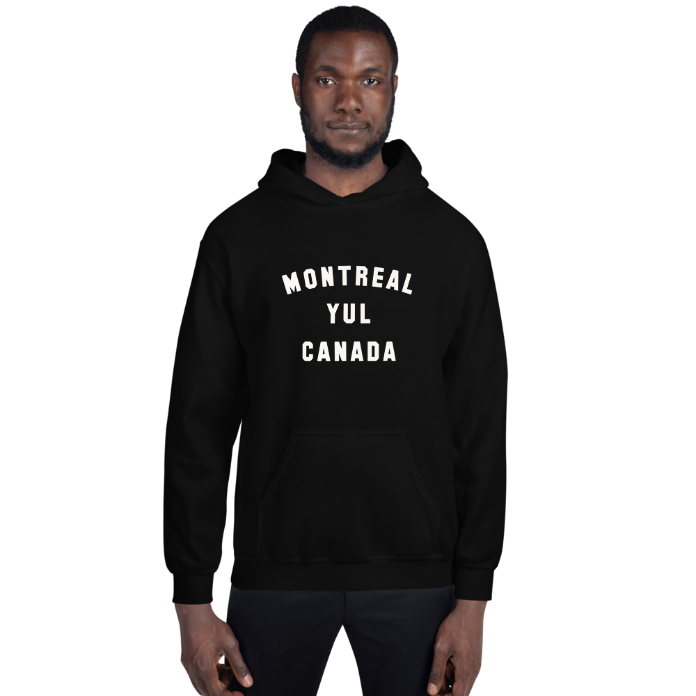 YHM Designs - YUL Montreal Airport Code Unisex Hoodie - Minimalist Varsity Design - White Graphic - Image 01