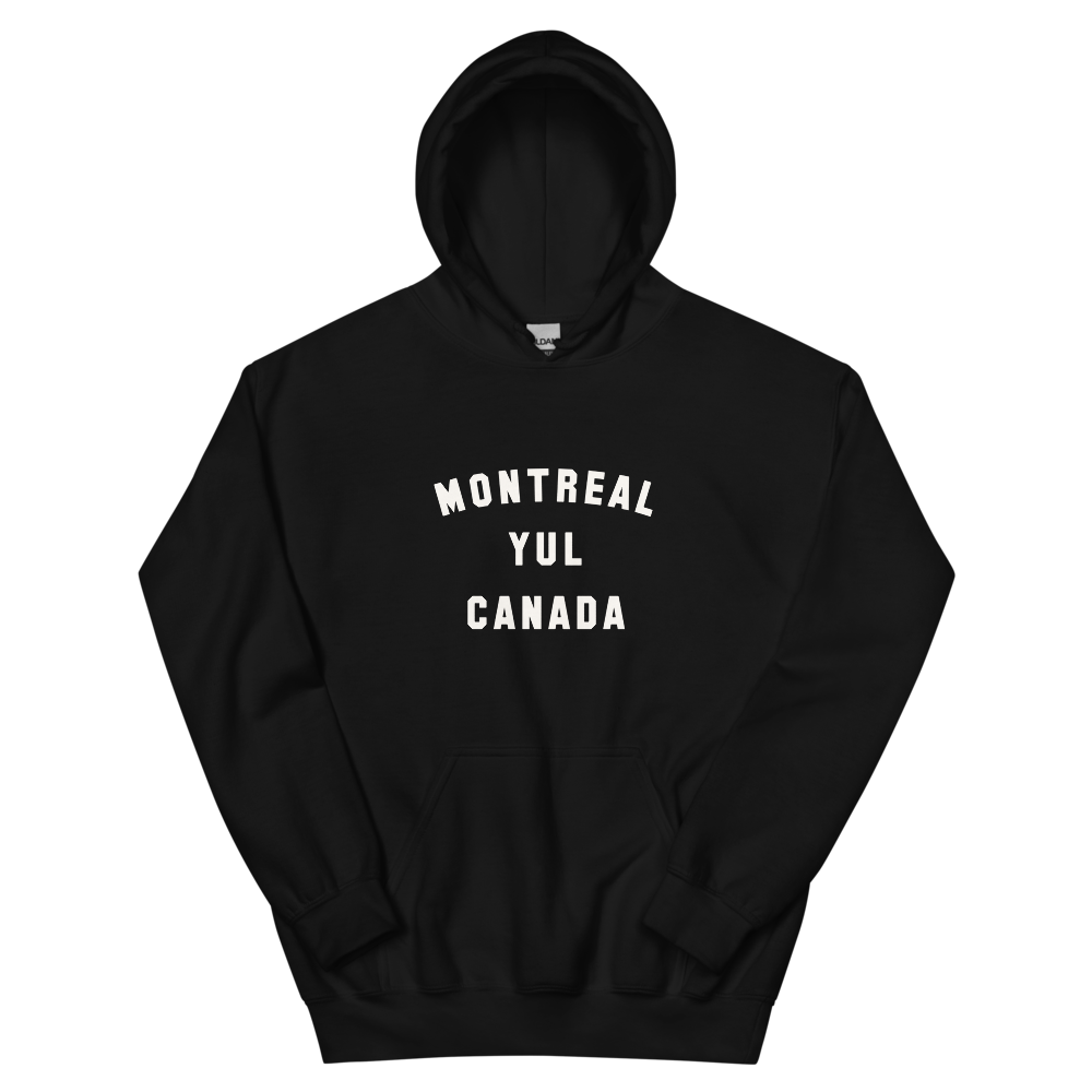 YHM Designs - YUL Montreal Airport Code Unisex Hoodie - Minimalist Varsity Design - White Graphic - Image 02