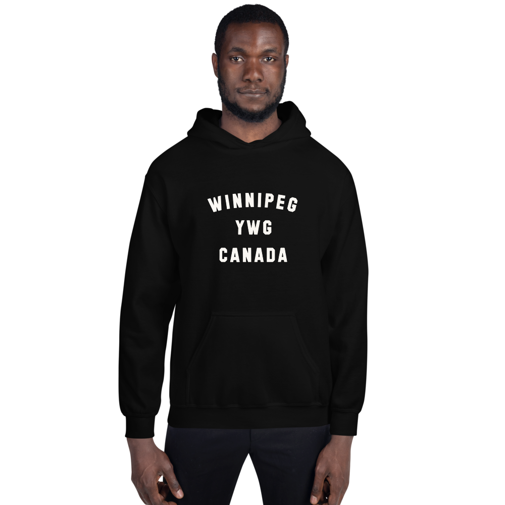 YHM Designs - YWG Winnipeg Airport Code Unisex Hoodie - Minimalist Varsity Design - White Graphic - Image 01