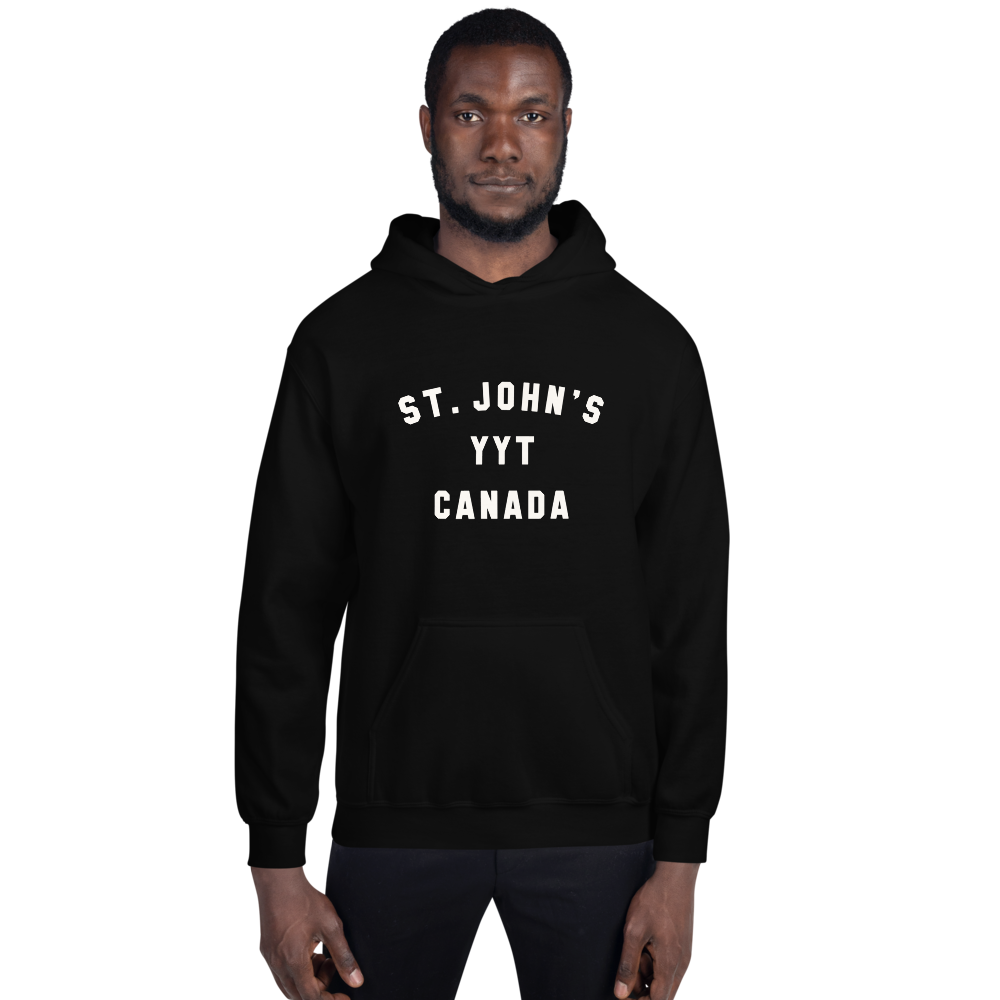 YHM Designs - YYT St. John's Airport Code Unisex Hoodie - Minimalist Varsity Design - White Graphic - Image 01