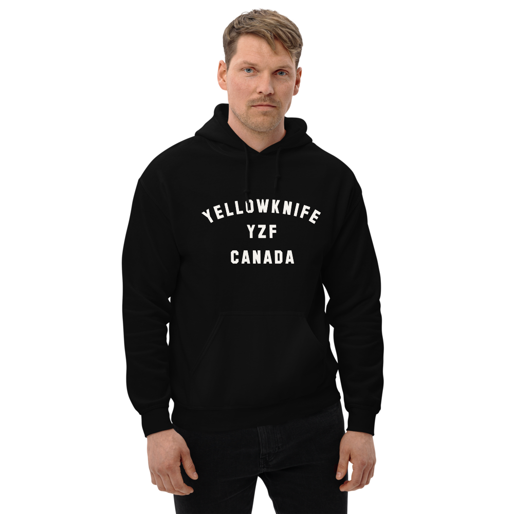 YHM Designs - YZF Yellowknife Airport Code Unisex Hoodie - Minimalist Varsity Design - White Graphic - Image 05