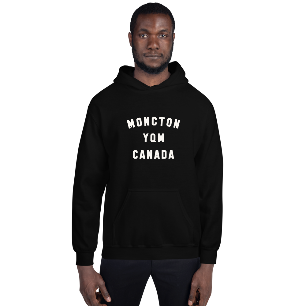 YHM Designs - YQM Moncton Airport Code Unisex Hoodie - Minimalist Varsity Design - White Graphic - Image 01