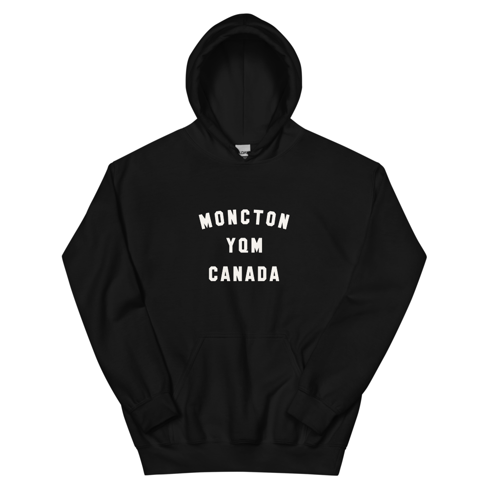 YHM Designs - YQM Moncton Airport Code Unisex Hoodie - Minimalist Varsity Design - White Graphic - Image 02