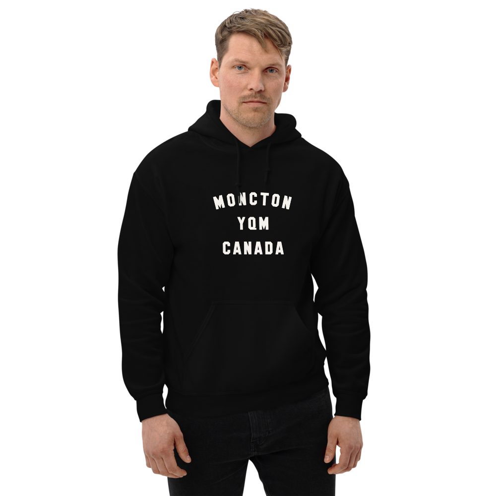 YHM Designs - YQM Moncton Airport Code Unisex Hoodie - Minimalist Varsity Design - White Graphic - Image 05