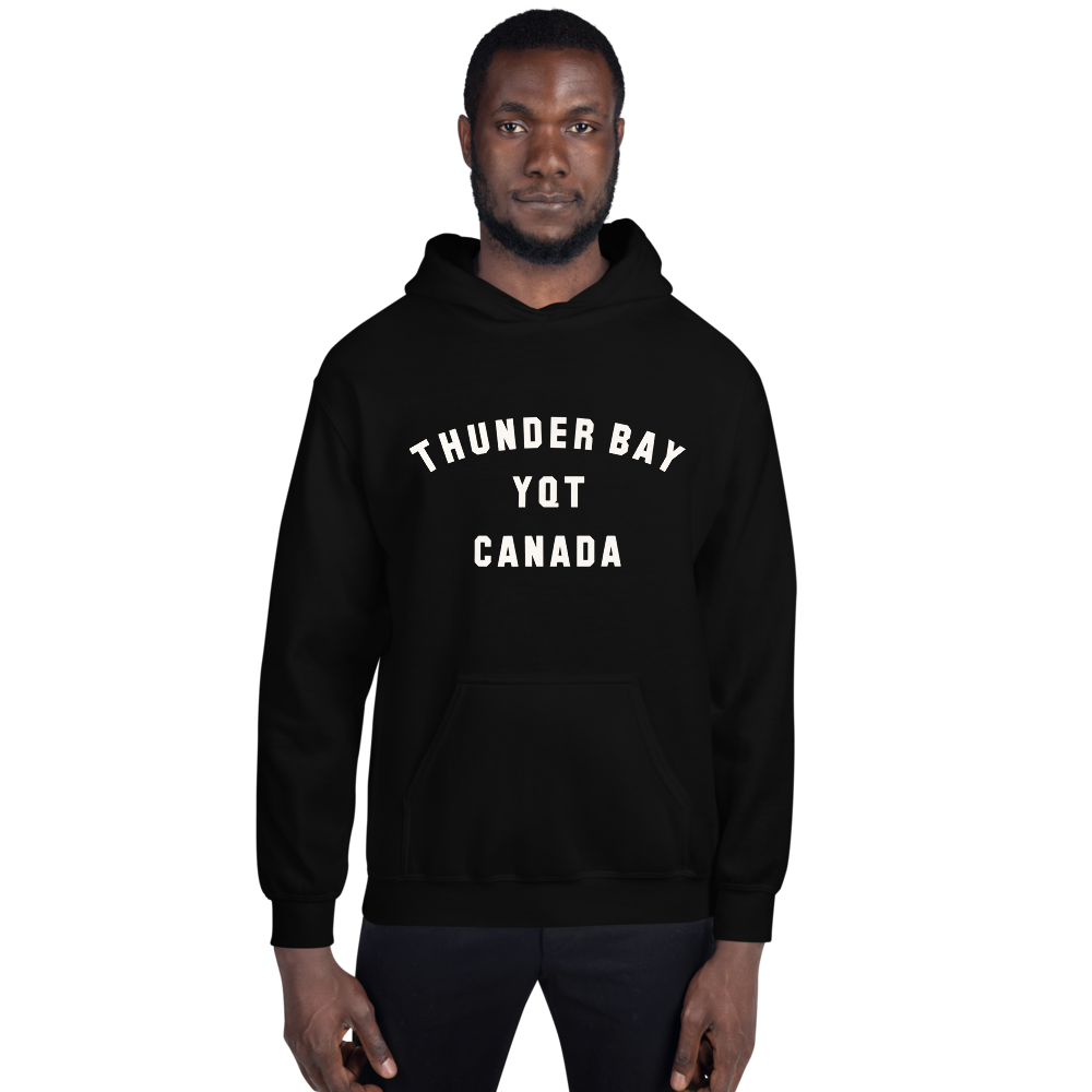 YHM Designs - YQT Thunder Bay Airport Code Unisex Hoodie - Minimalist Varsity Design - White Graphic - Image 01