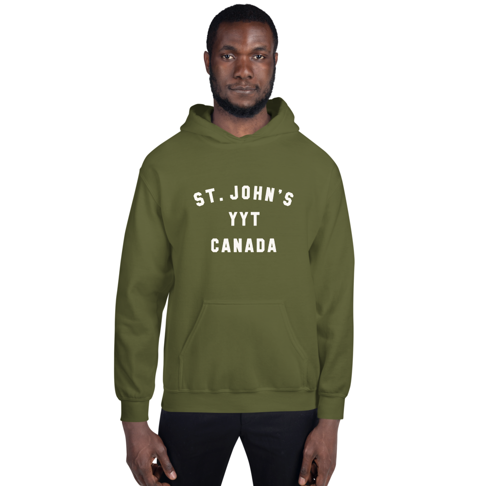 YHM Designs - YYT St. John's Airport Code Unisex Hoodie - Minimalist Varsity Design - White Graphic - Image 09
