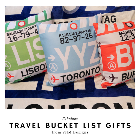 Travel Bucket List Gifts - Throw Pillows and Coffee Mugs - YHM Designs