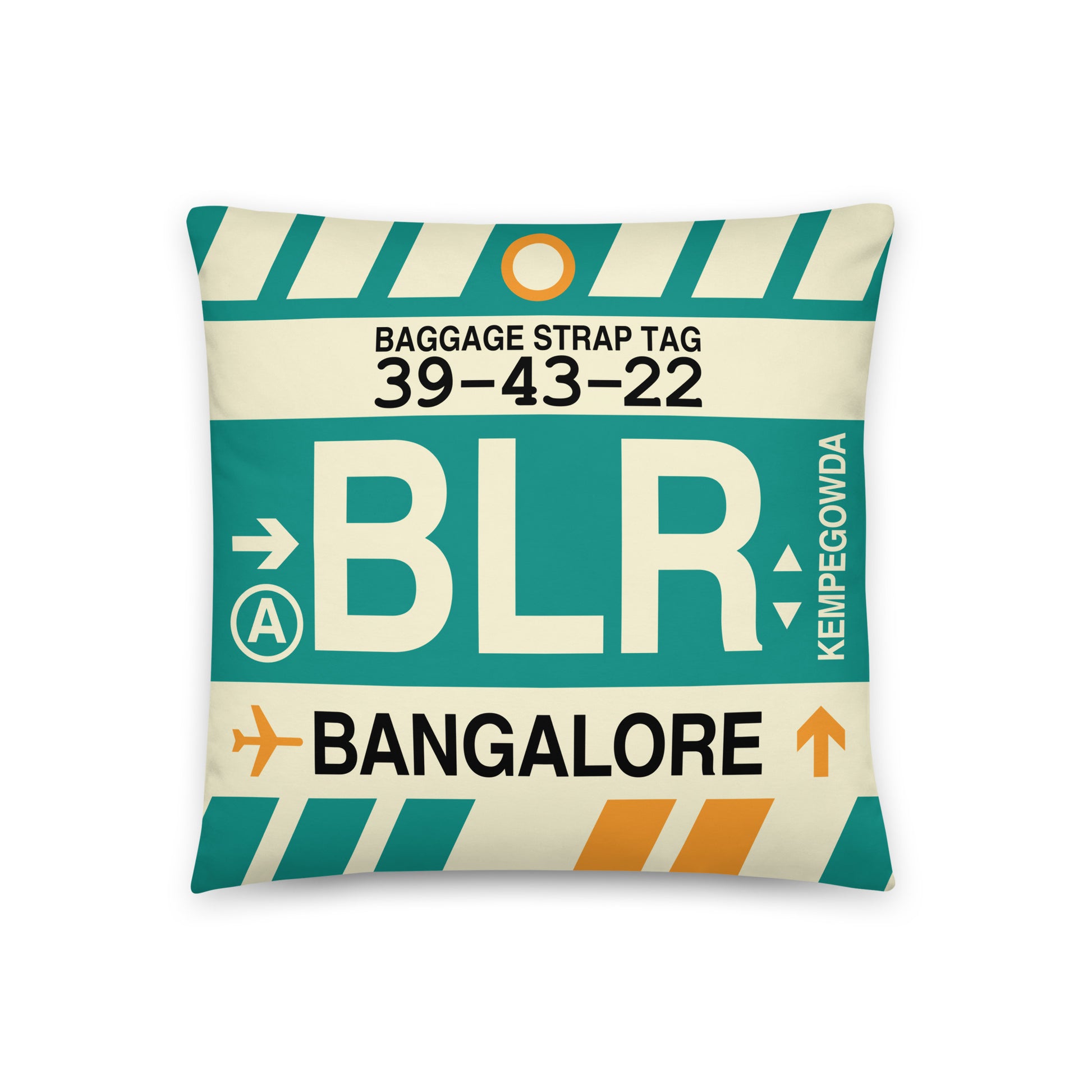 BLR Bangalore Throw Pillow • Jet Age Baggage Tag Design • YHM Designs - Image 01