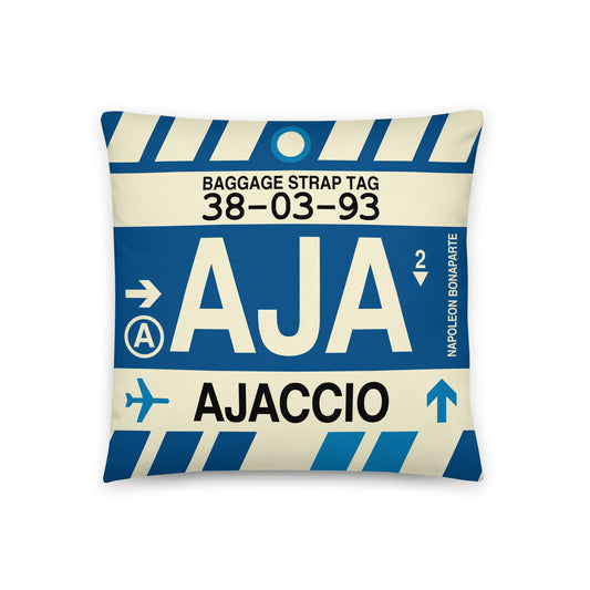Travel-Themed Throw Pillow • AJA Ajaccio • YHM Designs - Image 01