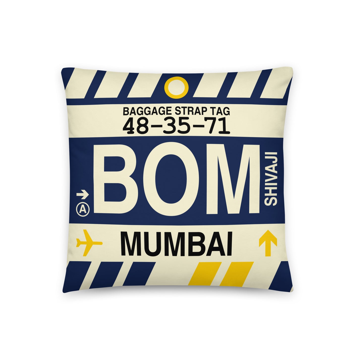 Travel-Themed Throw Pillow • BOM Mumbai • YHM Designs - Image 01