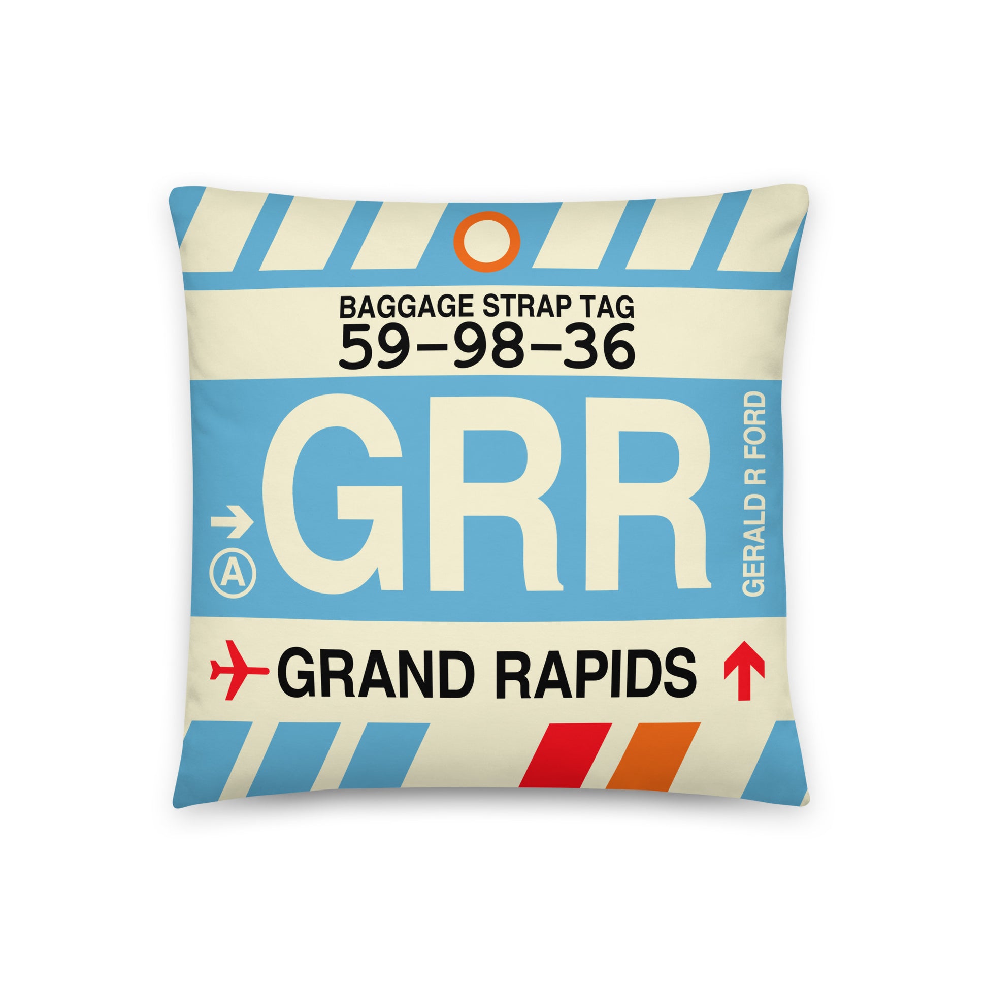 Travel-Themed Throw Pillow • GRR Grand Rapids • YHM Designs - Image 01