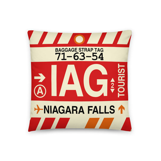 IAG Niagara Falls Throw Pillow • Jet Age Baggage Tag Design • YHM Designs - Image 01