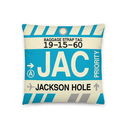 JAC Jackson Hole Throw Pillow • Jet Age Baggage Tag Design • YHM Designs - Image 01