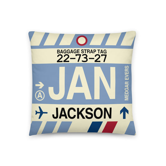 JAN Jackson Throw Pillow • Jet Age Baggage Tag Design • YHM Designs - Image 01