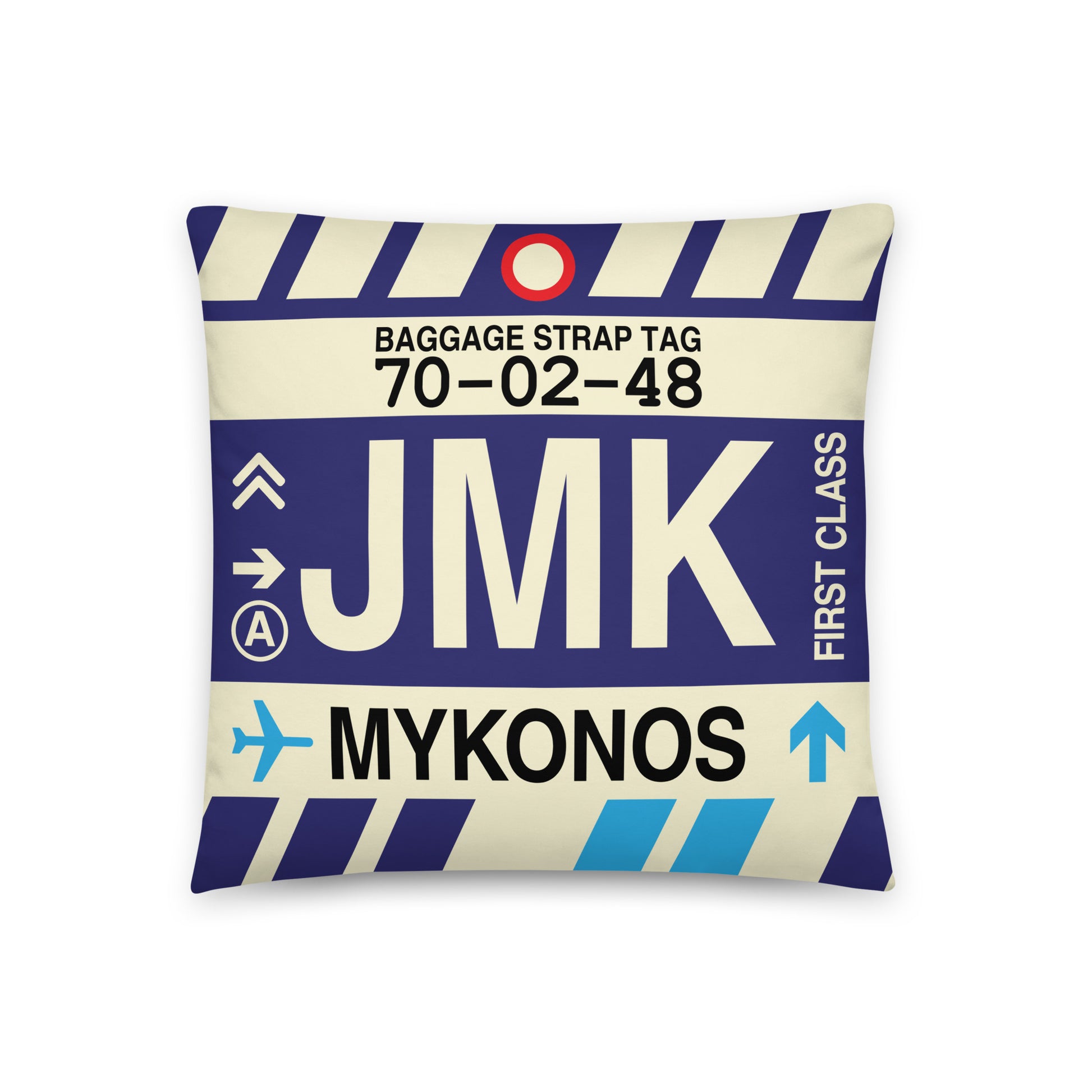 Travel-Themed Throw Pillow • JMK Mykonos • YHM Designs - Image 01