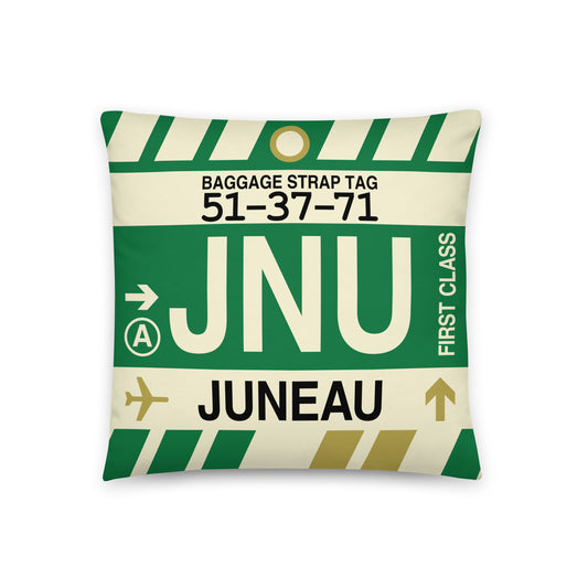 JNU Juneau Throw Pillow • Jet Age Baggage Tag Design • YHM Designs - Image 01