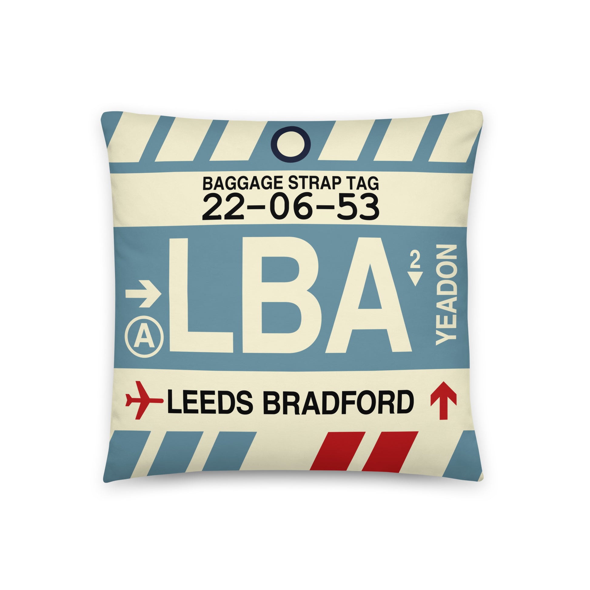 Travel-Themed Throw Pillow • LBA Leeds Bradford • YHM Designs - Image 01