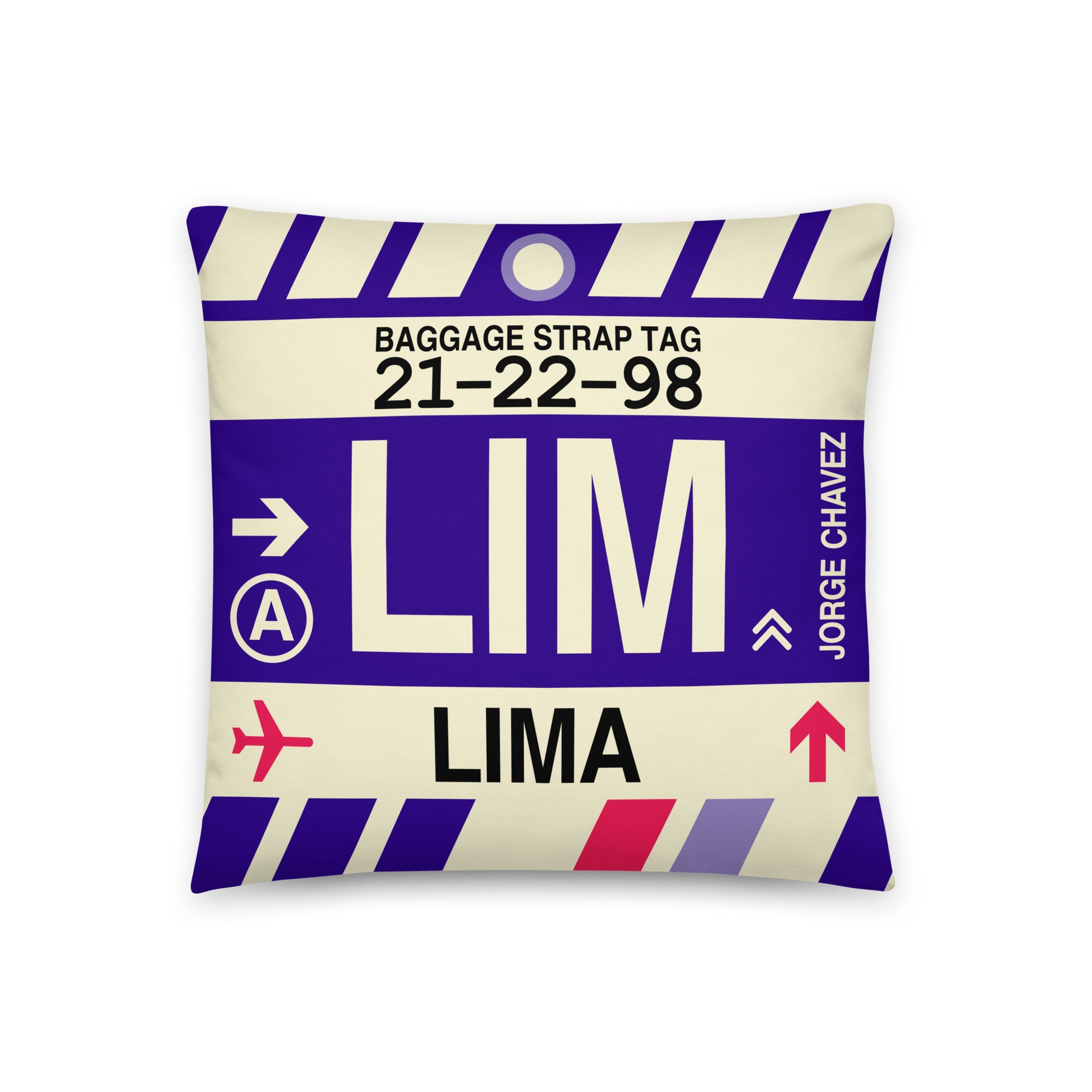 LIM Lima Throw Pillow • Jet Age Baggage Tag Design • YHM Designs - Image 01