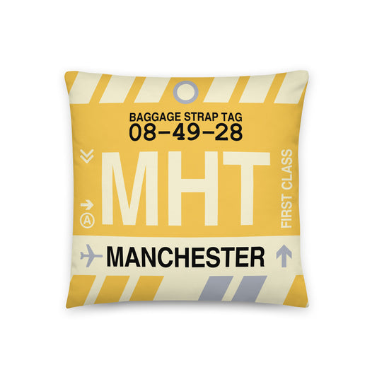 MHT Manchester Throw Pillow • Jet Age Baggage Tag Design • YHM Designs - Image 01