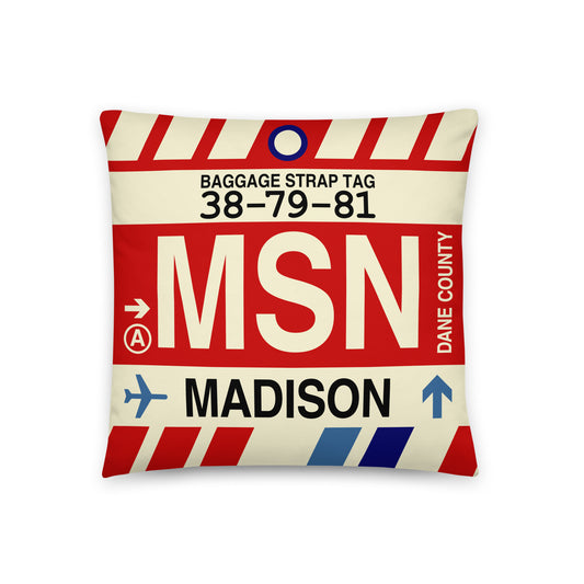 MSN Madison Throw Pillow • Jet Age Baggage Tag Design • YHM Designs - Image 01