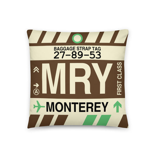 MRY Monterey Throw Pillow • Jet Age Baggage Tag Design • YHM Designs - Image 01