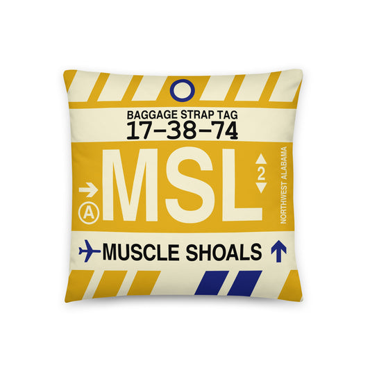 MSL Muscle Shoals Throw Pillow • Jet Age Baggage Tag Design • YHM Designs - Image 01
