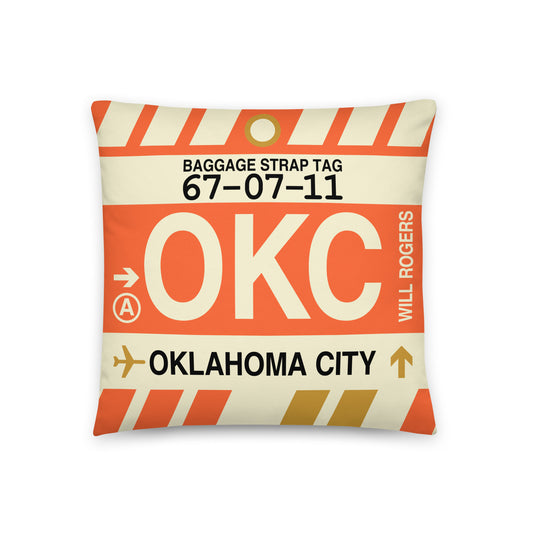 OKC Oklahoma City Throw Pillow • Jet Age Baggage Tag Design • YHM Designs - Image 01